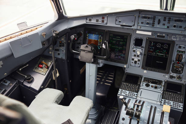 istock Pilot cabin in modern passenger airplane jet 1329895307