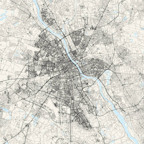 Warsaw, Poland Vector Map Topographic / Road map of Warsaw, Poland. Original map data is open data via © OpenStreetMap contributors. All maps are layered and easy to edit. Roads are editable stroke. airport borders stock illustrations