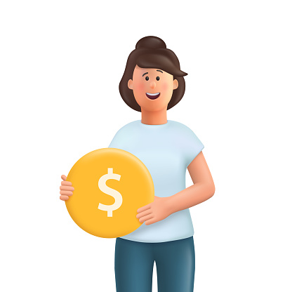 Young woman Jane holding a gold coin. Earning money, increasing capital, the pursuit of money, capital gains, cash gains concept. 3d vector people character illustration.