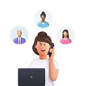 istock Young woman Jane at a meeting. Assignment of tasks, scram, meeting, job delegation. Manager works with computer and phone. 3d vector illustration. 1329895929