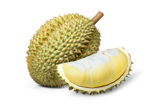 Durian fruit and ripe durian pulp isolated on white background.