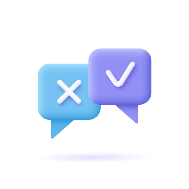 stockillustraties, clipart, cartoons en iconen met survey reaction icon. check and cross symbols. speech bubble with decline,remove sign and approve, accepted, confirmed sign. 3d vector illustration. - vragenlijst illustraties