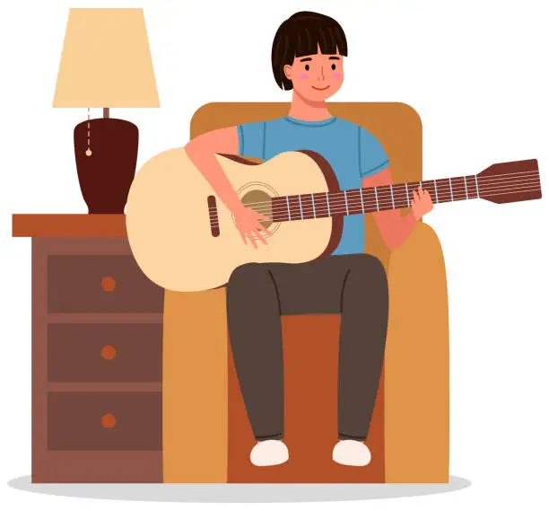 Vector illustration of Young man playing guitar at home. Guy sitting on armchair with musical instrument and creates music