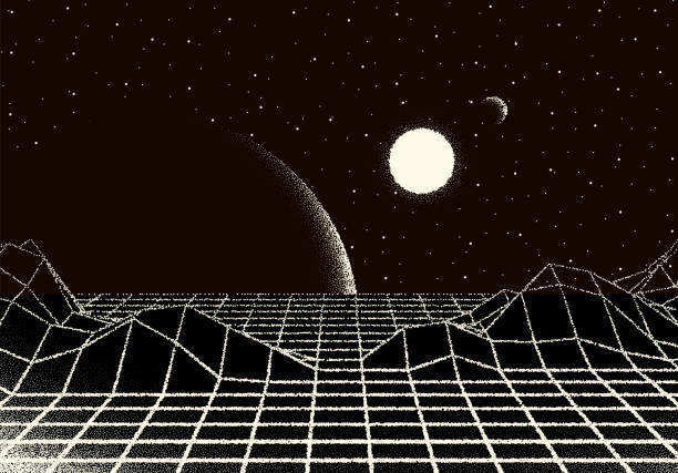 Retro dotwork landscape with 80s styled laser grid, planet, sun and stars background from old sci-fi book or poster Retro dotwork landscape with 80s styled laser grid, planet with sun and stars on the background from old sci-fi book or poster space invaders game stock illustrations