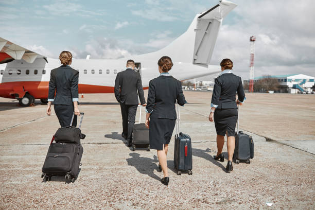 istock Plane team walking on runway to airplane 1329897983