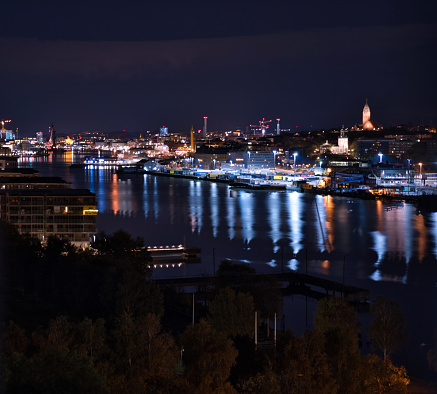 Night view of the city along the river in Gothenburg