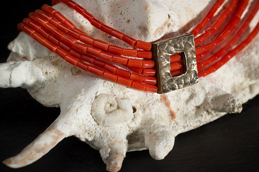 Still life of a coral necklace laid on a shell on a black slate.