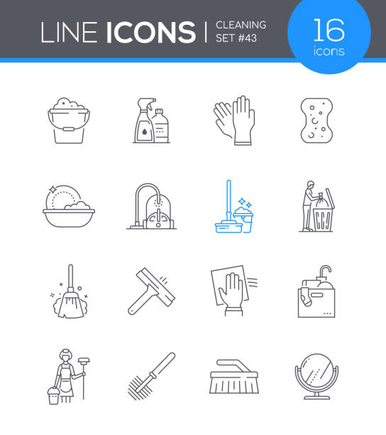 Cleaning services - line design style icons set Cleaning services - line design style icons set. Household chores, domestic idea. Images of a bucket, detergents, gloves, mop, broom, vacuum cleaner. Dish washing, garbage disposal, decluttering toilet brush stock illustrations