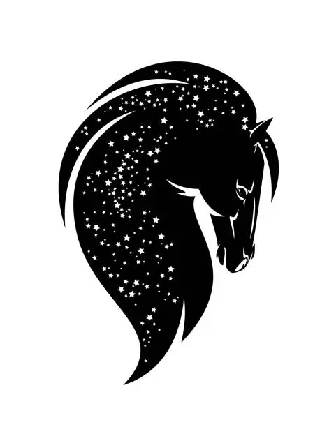 Vector illustration of mustang horse spirit with stars in long mane black and white vector head portrait