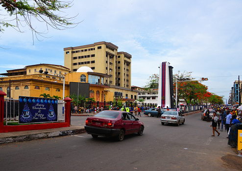Monrovia, Liberia: looking down Broad Street - heritage building, the old Executive Pavilion and the monument to William Vacanarat Shadrach Tubman, the 19th President of Liberia, known as the \