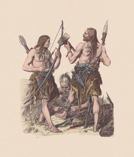 Germanic peoples during the Stone Age, hand-colored woodcut, published c.1880 Germanic peoples during the Stone Age. Hand colored wood engraving, published ca. 1880. loin cloth stock illustrations