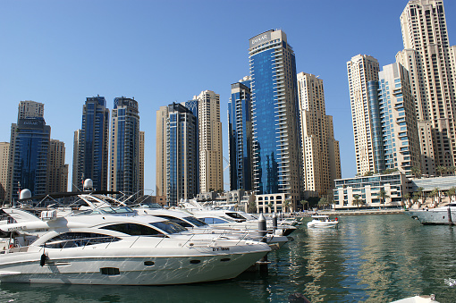 Dubai, United Arab Emirates - December 29, 2018: Dubai Marina. Yachts against the backdrop of skyscrapers in a district of Dubai (Marina).