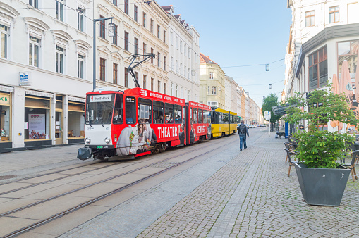 Gorlitz, Germany - June 2, 2021: Tram of public transportation in Gorlitz.