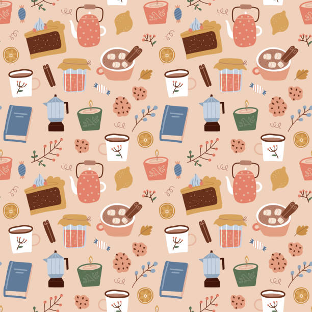 Seamless pattern of coffee, geyser coffee maker, sweeties, candles and plants on biege background. fall design of wrapping paper, wallpaper, textile design. Flat hand drawn repeating illustration. Seamless pattern of coffee, geyser coffee maker, sweeties, candles and plants on biege background. fall design of wrapping paper, wallpaper, textile design. Flat hand drawn repeating illustration breakfast background stock illustrations
