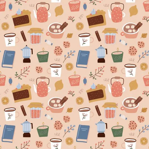 Vector illustration of Seamless pattern of coffee, geyser coffee maker, sweeties, candles and plants on biege background. fall design of wrapping paper, wallpaper, textile design. Flat hand drawn repeating illustration.
