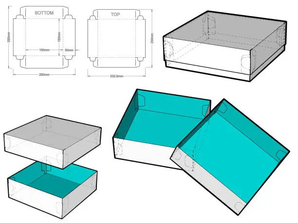 Vector illustration of Top and Bottom box (Internal measurement 15x15x5cm) and Die-cut Pattern. Ease of assembly, no need for glue. The .eps file is full scale and fully functional. Prepared for real cardboard production.