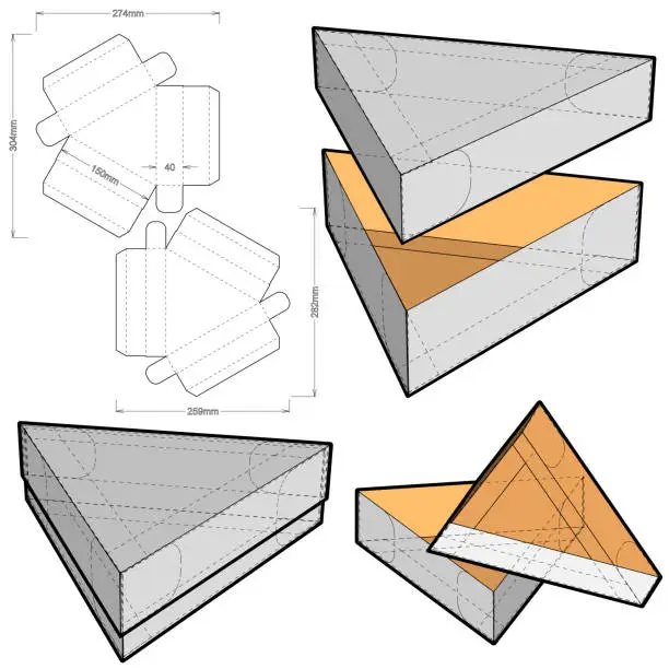 Vector illustration of Triangular Box and Die-cut Pattern.  Ease of assembly, no need for glue . The .eps file is full scale and fully functional. Prepared for real cardboard production.