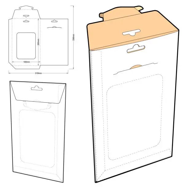 Vector illustration of Packaging Envelope and Die-cut Pattern. The .eps file is full scale and fully functional. Prepared for real cardboard production.