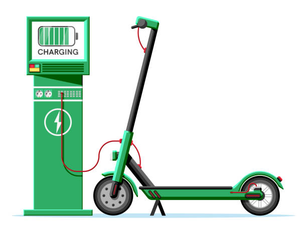 illustrations, cliparts, dessins animés et icônes de scooter électrique et borne de recharge isolés. - location vélo