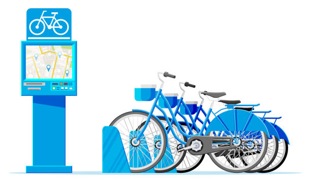 illustrations, cliparts, dessins animés et icônes de système de partage de vélos en ville isolé sur blanc. - location vélo