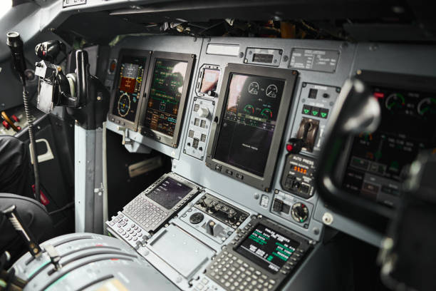 istock Pilot cabin interior of passenger airplane jet 1329907271