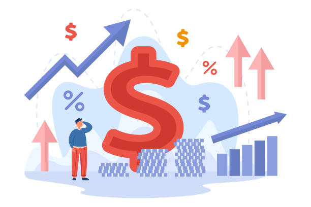 Tiny cartoon businessman observing increase of inflation Tiny cartoon businessman observing increase of inflation. Flat vector illustration. Percentage, arrows, coins, price level, risk of money loss. Business, economy, market, recession concept for design inflation stock illustrations