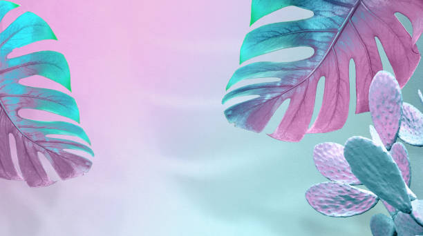 istock Tropical leaves and cactus in bright creative pink and blue colors. 1329907513