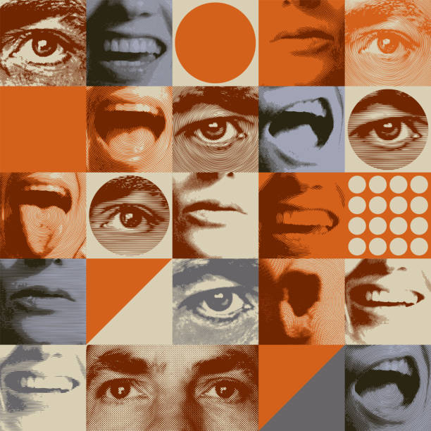 인간의 눈과 입이 있는 매끄러운 패턴 - 정사각형 구성 일러스트 stock illustrations