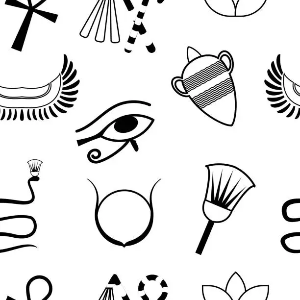 Vector illustration of Seamless black and white pattern with ancient Egyptian symbols.