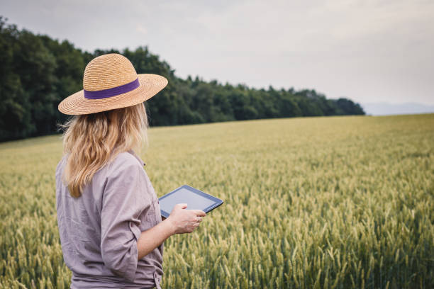 istock Female farm worker using modern technology for smart farming 1329911512