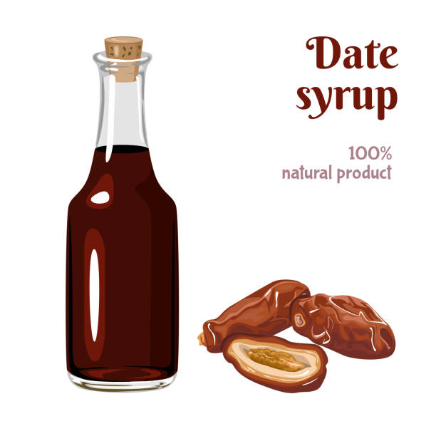 Date syrup in glass bottle isolated on white background. Dried date  fruit. Vector illustration of natural sweetener in cartoon flat style. Date syrup in glass bottle isolated on white background. Dried date  fruit. Vector illustration of natural sweetener in cartoon flat style. date syrup stock illustrations