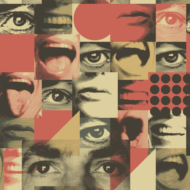 bezszwowy wzór z ludzkimi oczami i ustami - collage stock illustrations