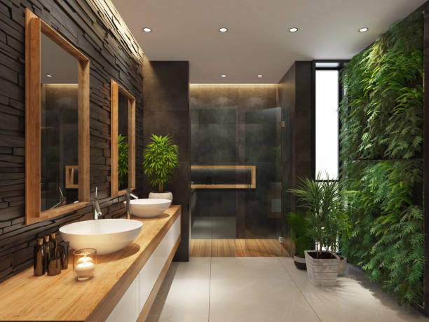 istock Modern minimalist bathroom with green wall garden 1329912542
