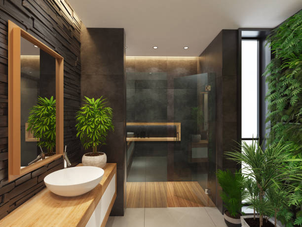 istock Modern minimalist bathroom with green wall garden 1329913135