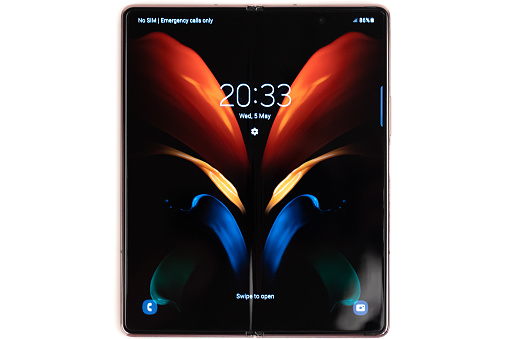 Rostov-on-Don, Russia - May 2021. Samsung Galaxy Z Fold2 on a white background. New smartphone with a folding screen close-up.