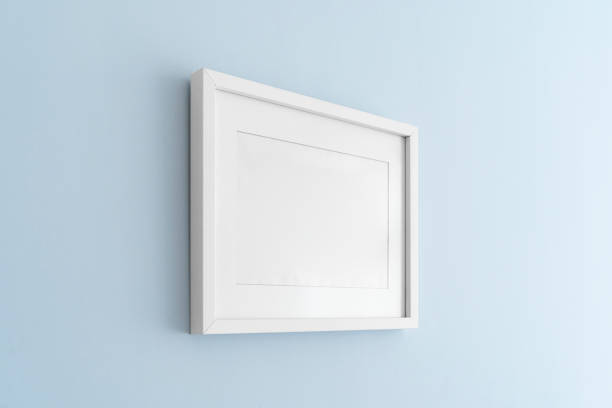 istock Interior house decoration, empty white frame, poster blank canvas, pictures mock up on a blue wall, living room, angle view 1329914470