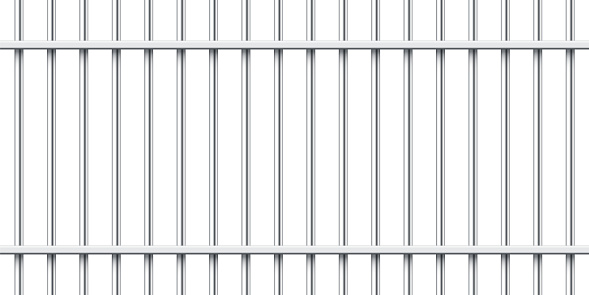 Realistic metal prison bars isolated on white background. Detailed jail cage, prison iron fence. Criminal background mockup. Creative vector illustration