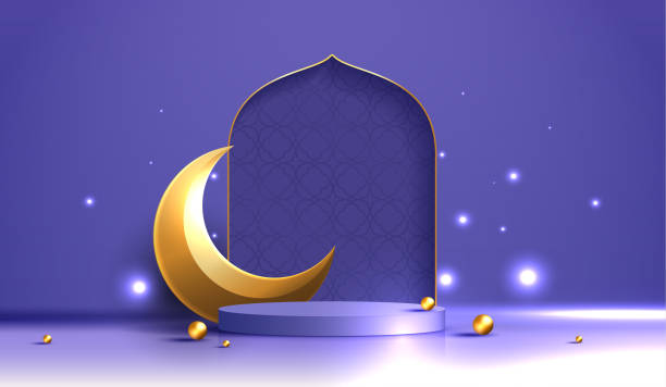 istock Islam theme product or cosmetic display purple background. mosque portal frame with podium and blank space. studio stage with golden crescent moon. vector design 1329916481