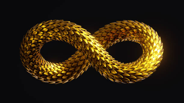 istock 3d render, abstract twisted infinity symbol with shiny metallic dragon scales texture, golden snake, clip art isolated on black background 1329917703