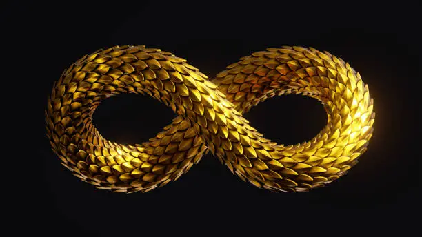 Photo of 3d render, abstract twisted infinity symbol with shiny metallic dragon scales texture, golden snake, clip art isolated on black background