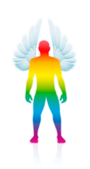 Guardian angel, male guardian spirit, rainbow gradient colored body with angel wings. Isolated vector illustration on white background.