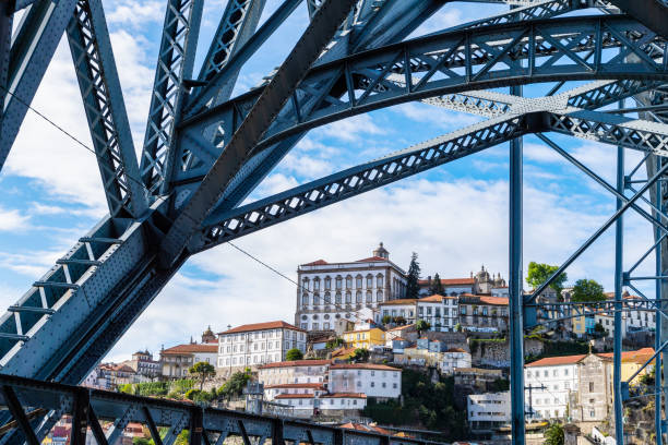 View of the old city center of Porto or Oporto from Luis I bridge stock photo