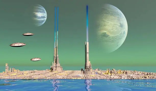 A planet with two moons builds their cities on top of the water since it covers most of the land.