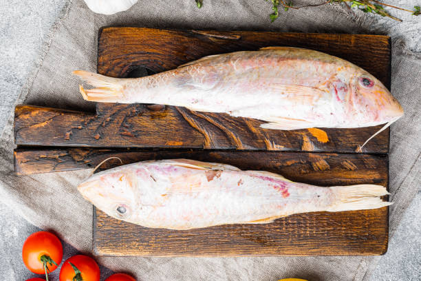 istock Raw Goatfish fresh whole fish, with ingredients and herbs, on gray stone table background, top view flat lay 1329920033