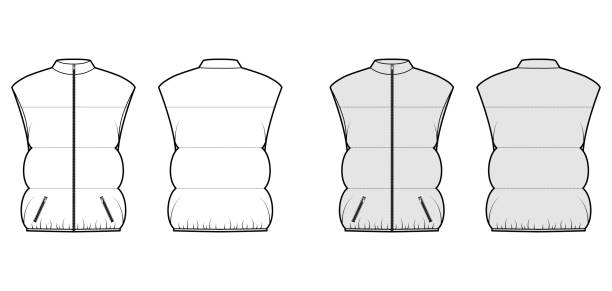 illustrations, cliparts, dessins animés et icônes de gilet en bas gilet taille technique illustration de mode technique avec sans manches, col de support, poches, surdimensionné, longueur de la hanche - sans manches