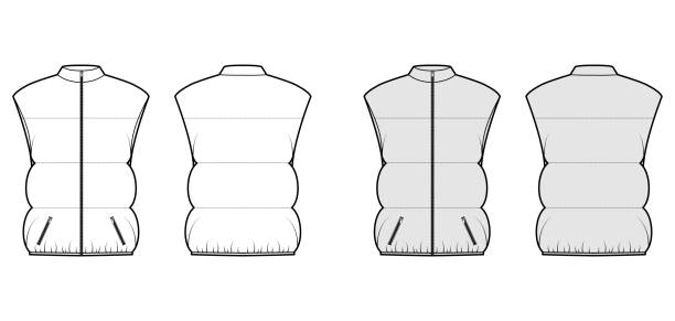 Down vest puffer waistcoat technical fashion illustration with sleeveless, stand collar, pockets, oversized, hip length Down vest puffer waistcoat technical fashion illustration with sleeveless, stand collar, pockets, oversized, wide quilting. Flat front, back, white, grey color style. Women, men, unisex top CAD mockup waistcoat stock illustrations