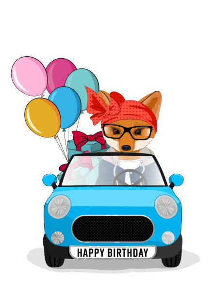 istock Cute Fox in the car with gifts and balloons. 1329923016