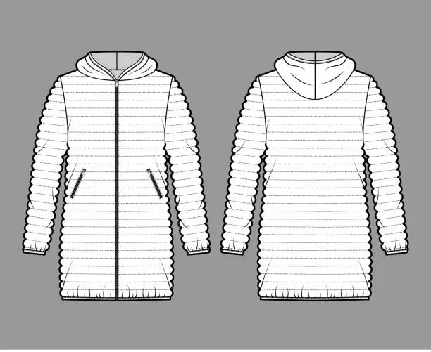 Vector illustration of Down puffer coat jacket technical fashion illustration with long sleeves, hoody collar, pockets, oversized, hip length