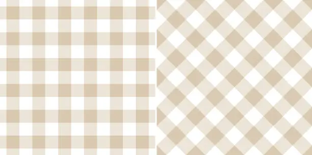 Vector illustration of Gingham pattern in light beige and white. Seamless flat vichy design for spring summer shirt, skirt, dress, trousers, picnic blanket, oilcloth, tablecloth, other modern cotton fashion textile print.