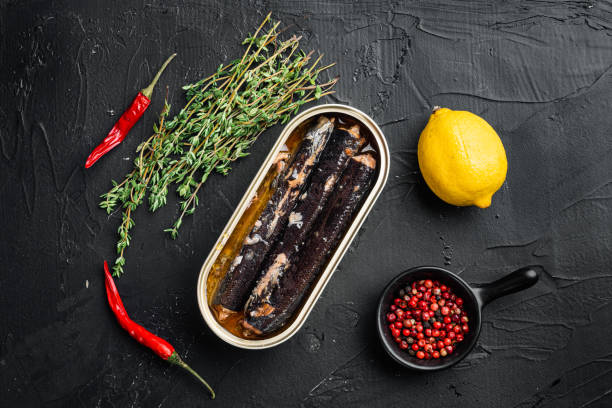 istock Canned fish in oil, top view flat lay 1329923341